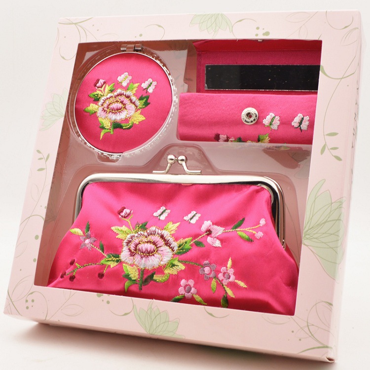 中国风刺绣首饰收纳盒创意化妆盒口红盒 随身便携女士小镜子