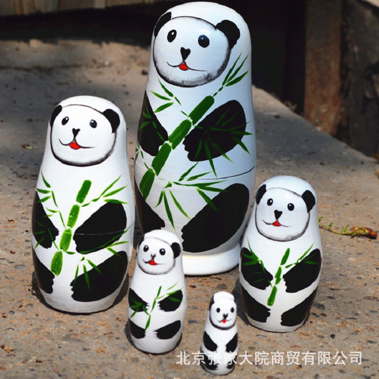 手绘 俄罗斯套娃5层熊猫娃娃木制益智玩具旅游景点热销纪念品