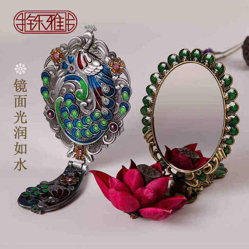 景泰蓝 古典化妆镜台式便携手柄 折叠镜子手持复古孔雀仿铜镜子