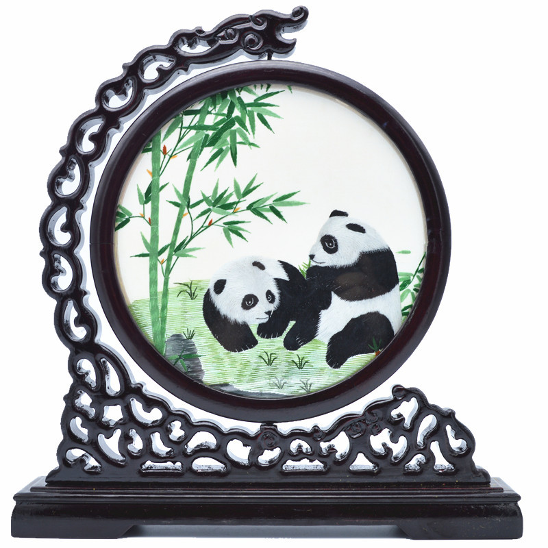张家大院 苏绣摆件双面绣熊猫台屏手工刺绣特色工艺品外国人礼品