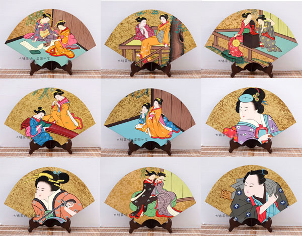 日本漆器工艺品日式工艺摆件摆台装饰画扇形板画有木架日本装饰画