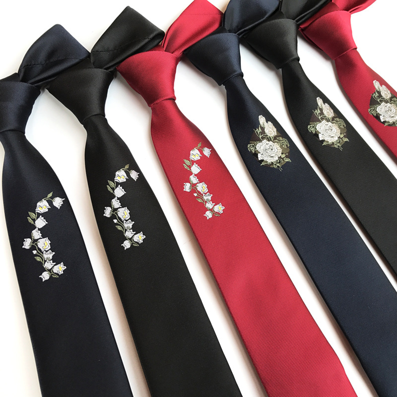 个性时尚小鲸鱼窄版6cm男士领带 刺绣玫瑰花 白玉兰定位领带现货