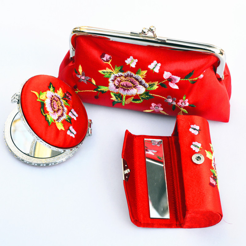 刺绣三件礼盒 绣花镜子口红盒零钱包套装 蕴雅创意布艺女士零钱包