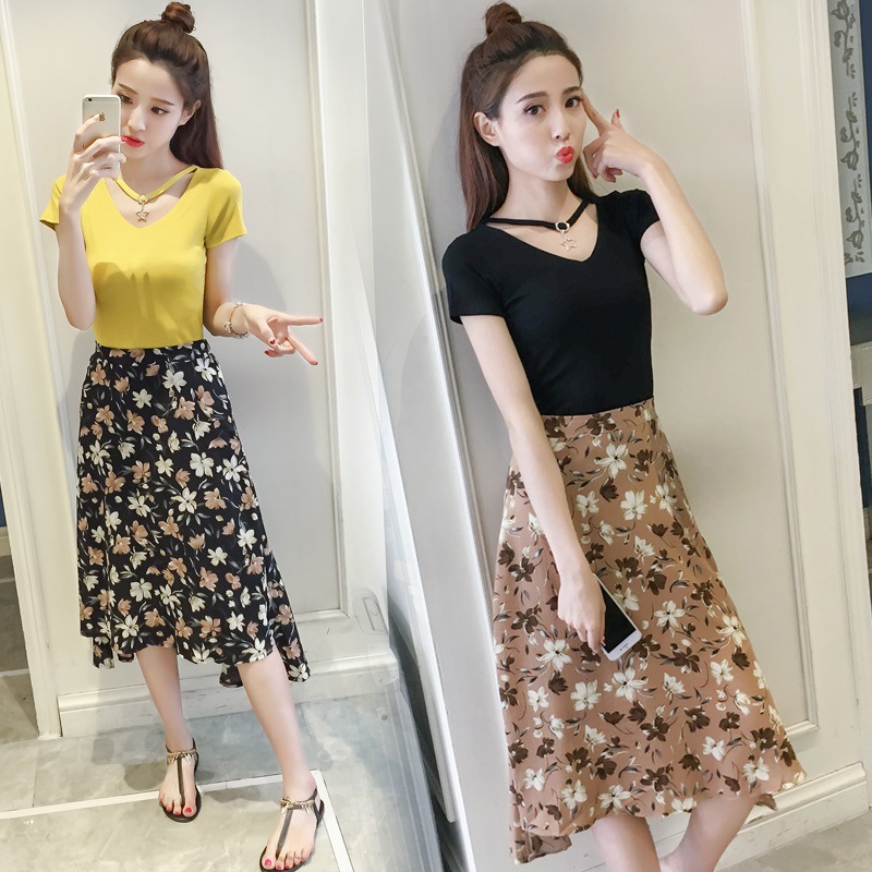 2018夏季新款韩版t恤套装裙不规则碎花半身裙两件套雪纺连衣裙女