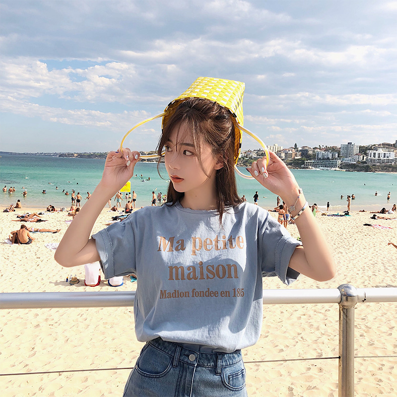 【林珊珊】四色2018夏季新款bf宽松冰淇淋色字母印花短袖T恤女上