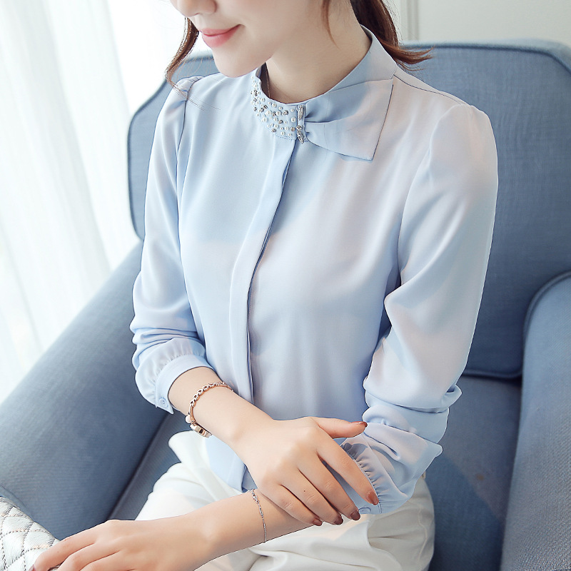 衬衫女长袖春季 韩国新款OL气质立领纯色雪纺衫修身打底衫潮
