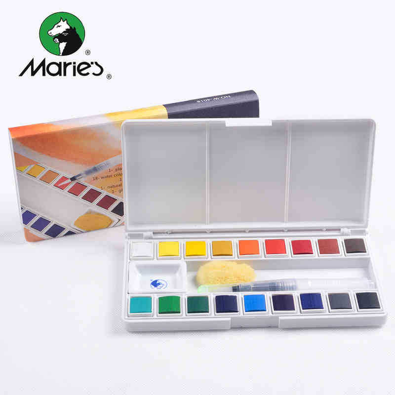 马利18 24色固体水彩画颜料儿童透明水彩画笔套装 便携带